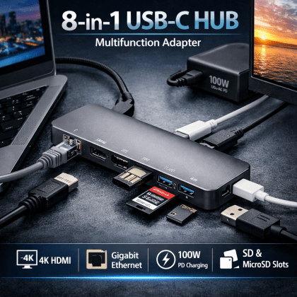Genuine USB C Hub (8 in 1 Multifunction Adapter for MacBook & Windows) / USB Docking Station / 4K HDMI, HDTV, SD/TF card, RJ45, USB C